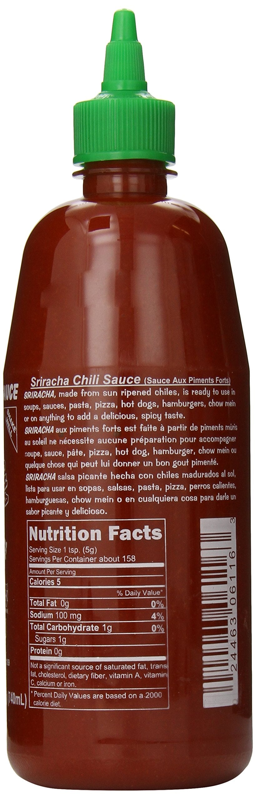 Huy Fong Sriracha label close-up highlights authentic sun ripened chiles