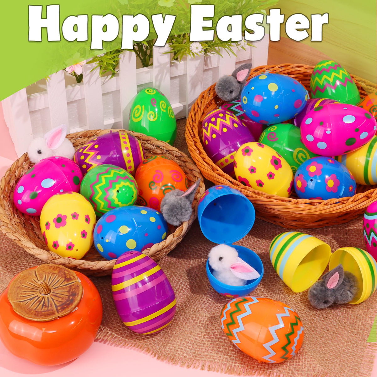 Huyamap Easter eggs on a backyard hunt scene highlight easy-open design for kids
