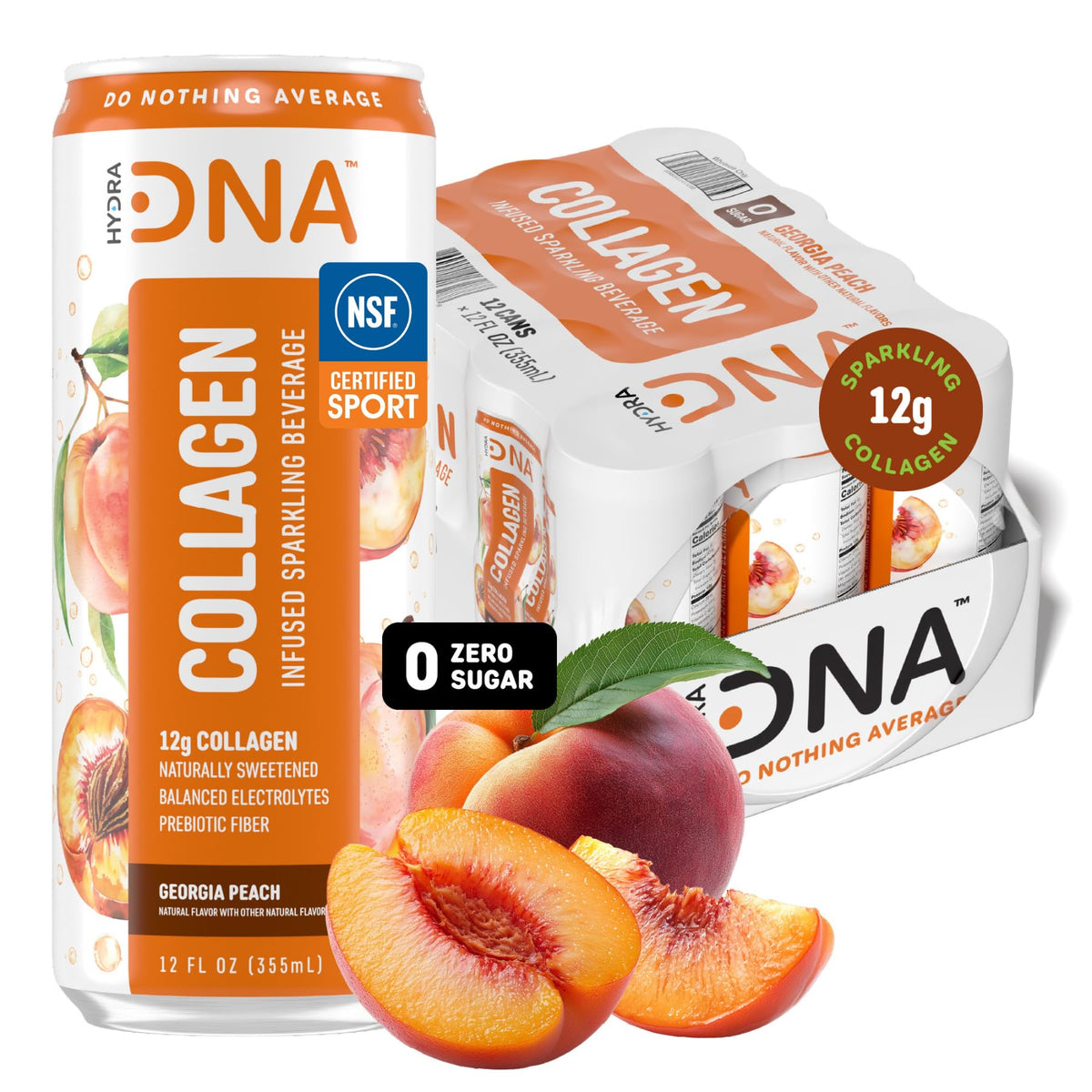 HYDRADNA Georgia Peach sparkling bottle shows refreshing flavor with collagen hydration potential