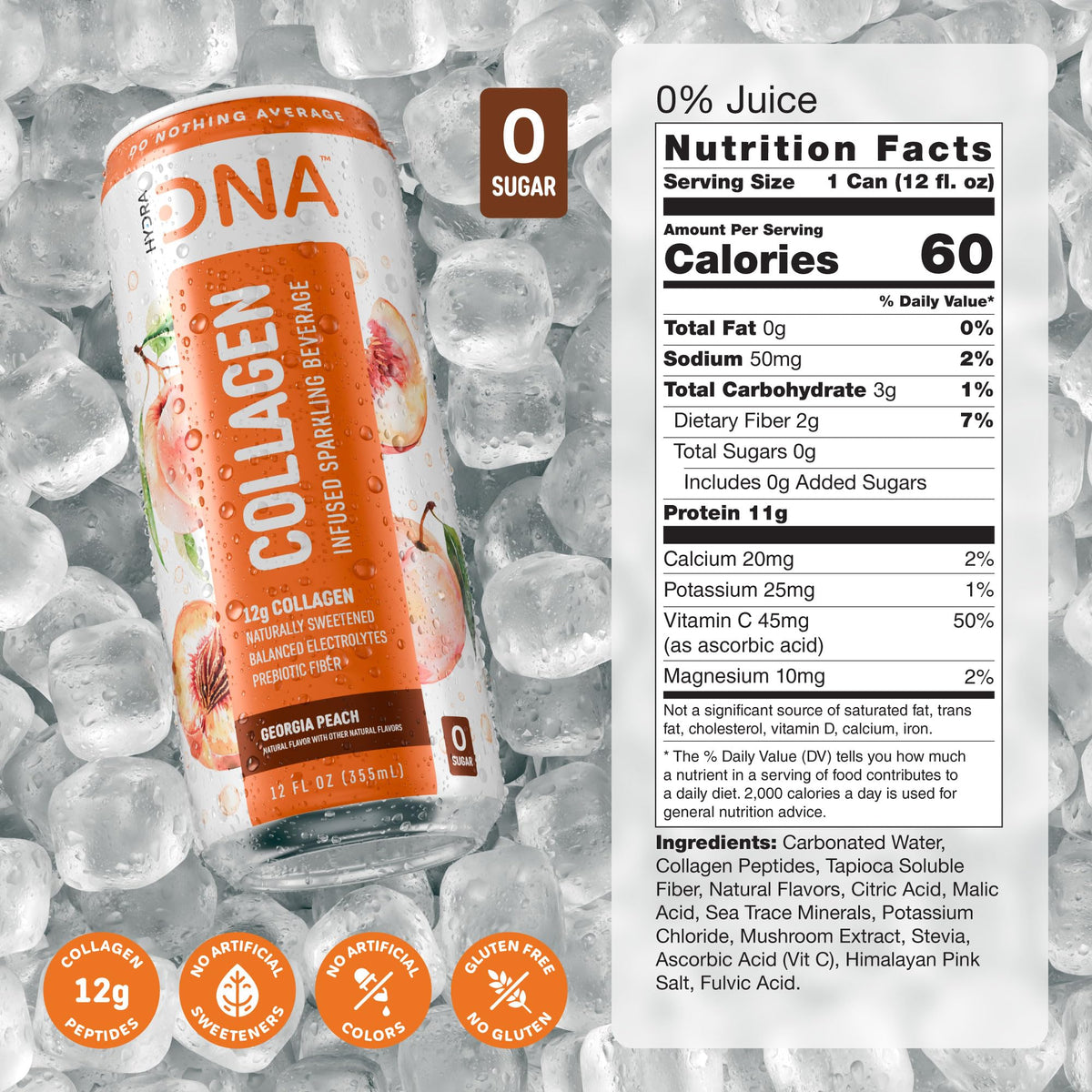 HYDRADNA Georgia Peach sparkling can front highlights keto-friendly and sugar-free properties
