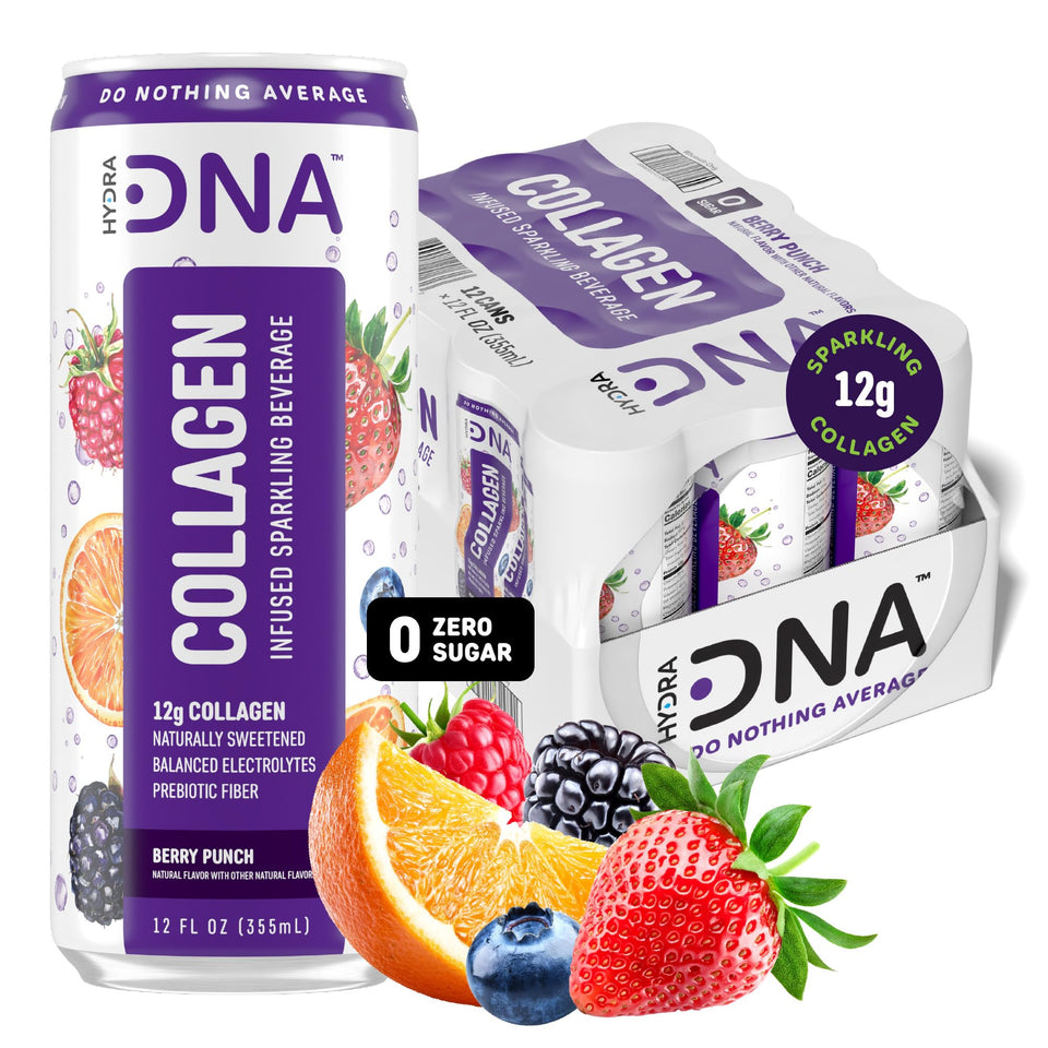 HYDRADNA Sparkling Collagen Water Berry Punch can provides refreshing, sugar-free hydration with 12 g collagen.