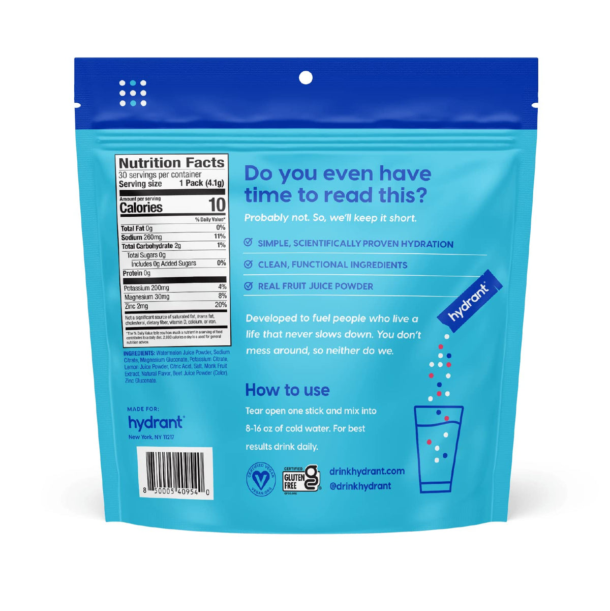 HYDRANT Hydrate convenient on-the-go packet for zero sugar hydration.