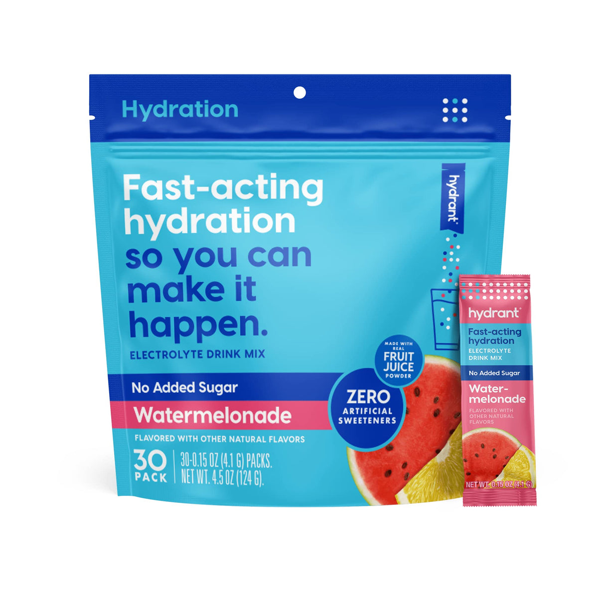 HYDRANT Hydrate stick packet open, ready for quick hydration with zero sugar benefits.