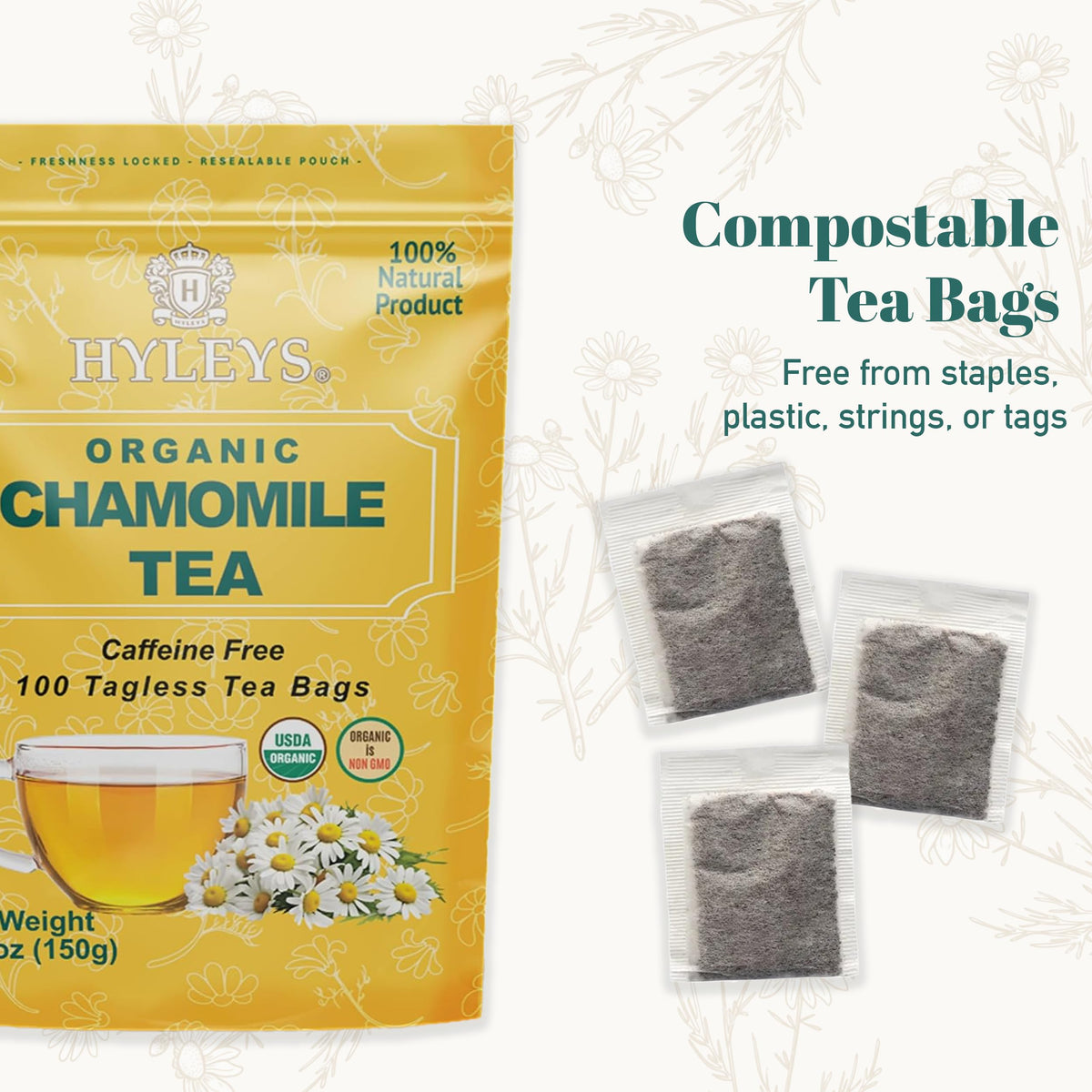 HYLEYS Chamomile tea bags with tagless eco-friendly packaging for clean brewing.
