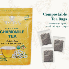 HYLEYS Chamomile tea bags with tagless eco-friendly packaging for clean brewing.