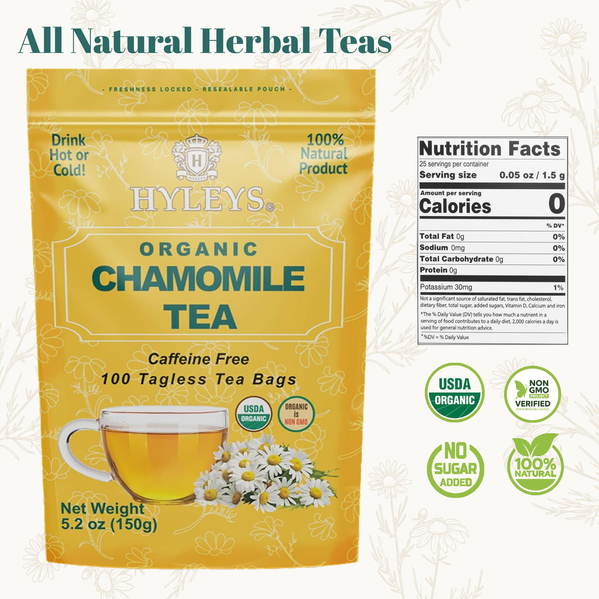 HYLEYS Chamomile tea bags shown in a calming evening ritual setup.