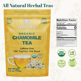 HYLEYS Chamomile tea bags shown in a calming evening ritual setup.