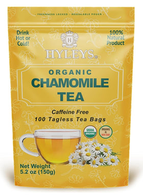 HYLEYS Organic Chamomile tea bags in a 100-count box for easy brewing.