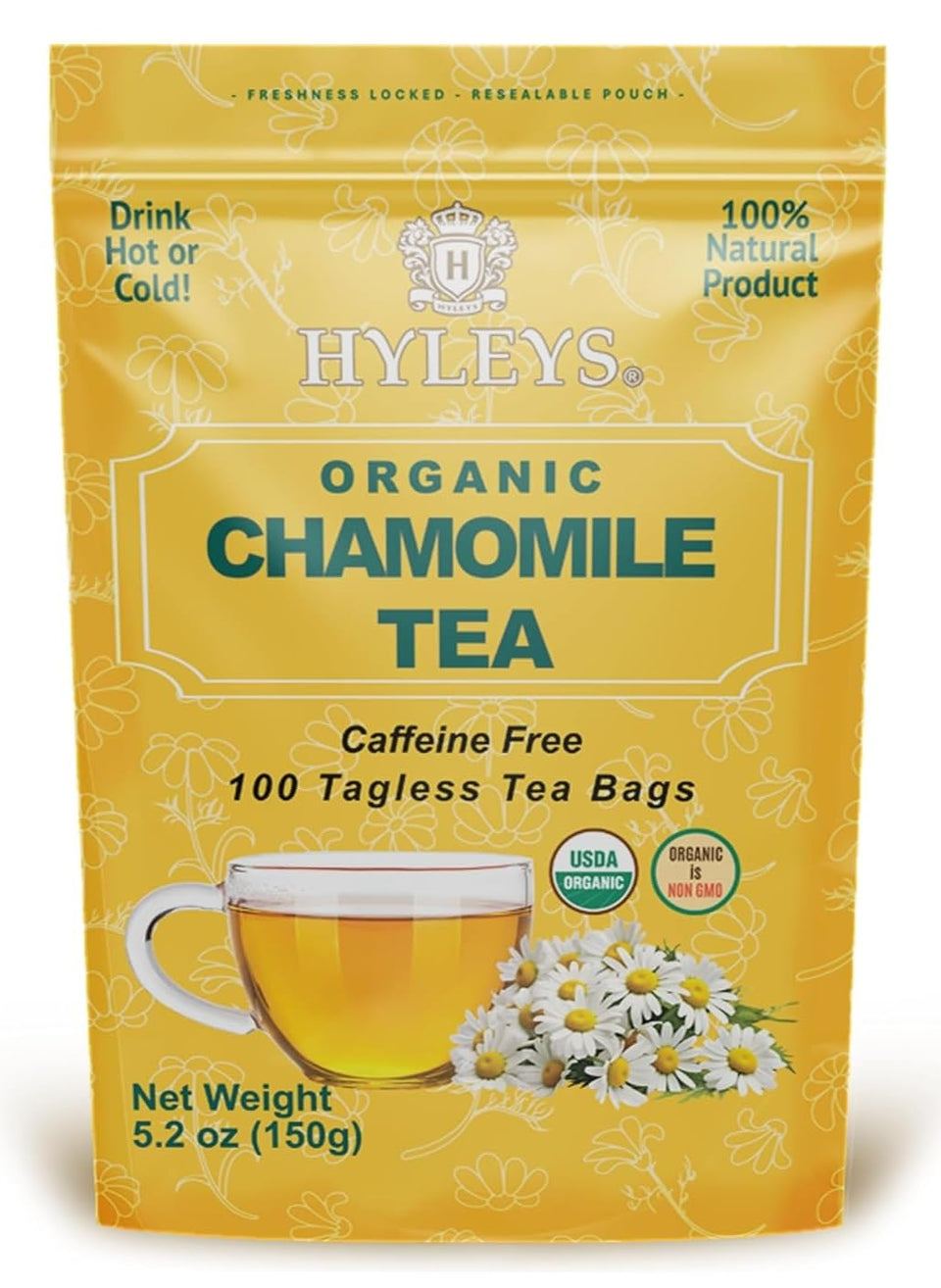 HYLEYS Organic Chamomile tea bags in a 100-count box for easy brewing.