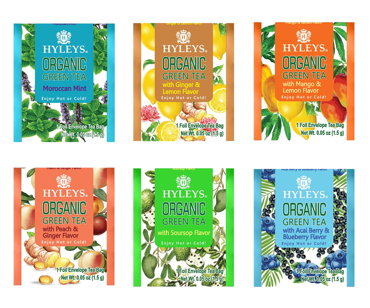 Hyleys Organic Green Tea assorted flavors, individually wrapped bags for convenient brewing