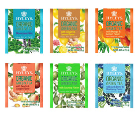 Hyleys Organic Green Tea assorted flavors, individually wrapped bags for convenient brewing