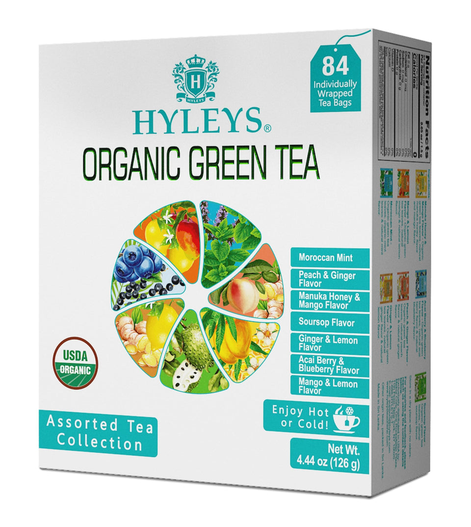 Hyleys Organic Green Tea collection box with assorted flavors for variety
