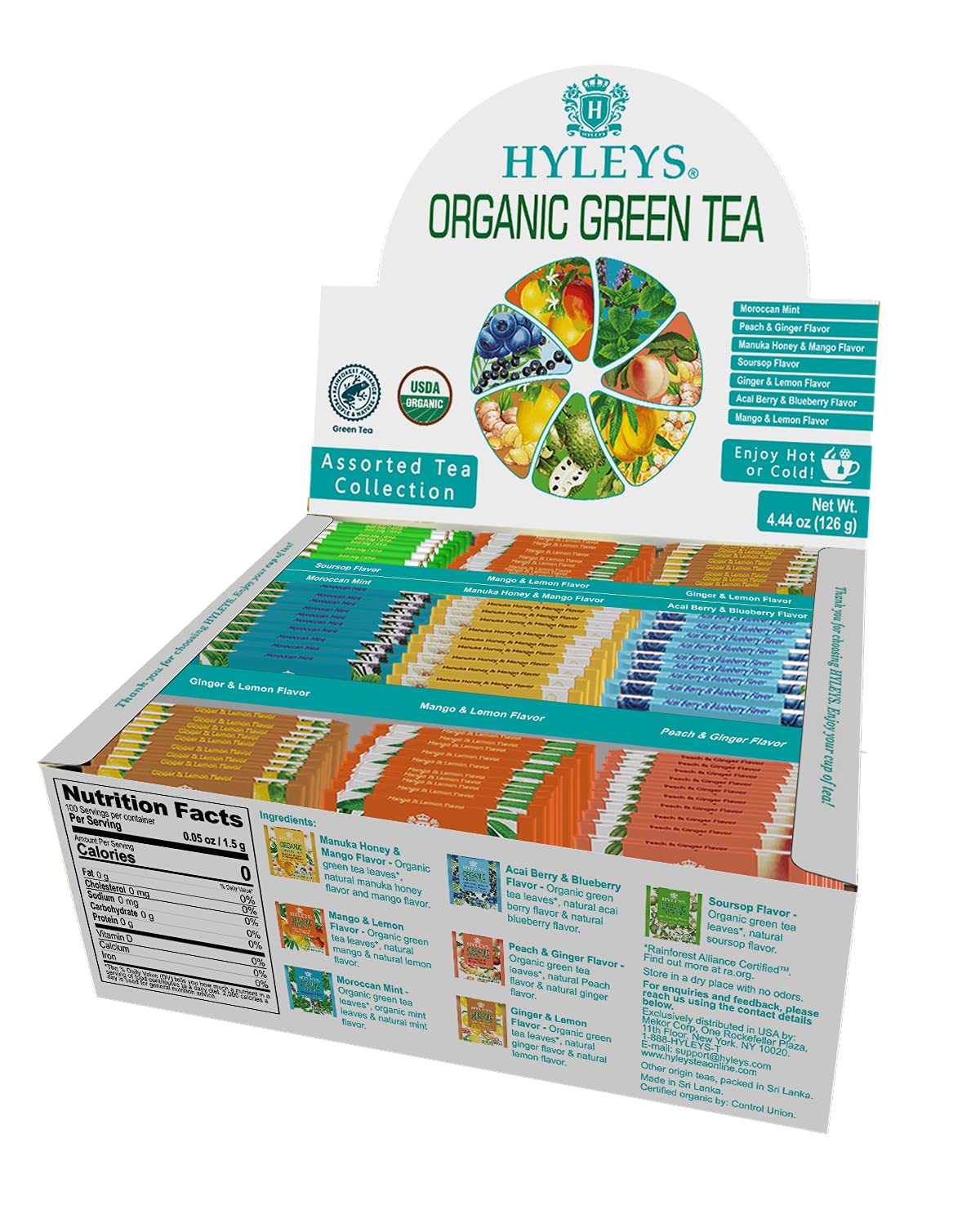Hyleys Organic Green Tea mango lemon flavor, tropical notes ideal for a bright cup