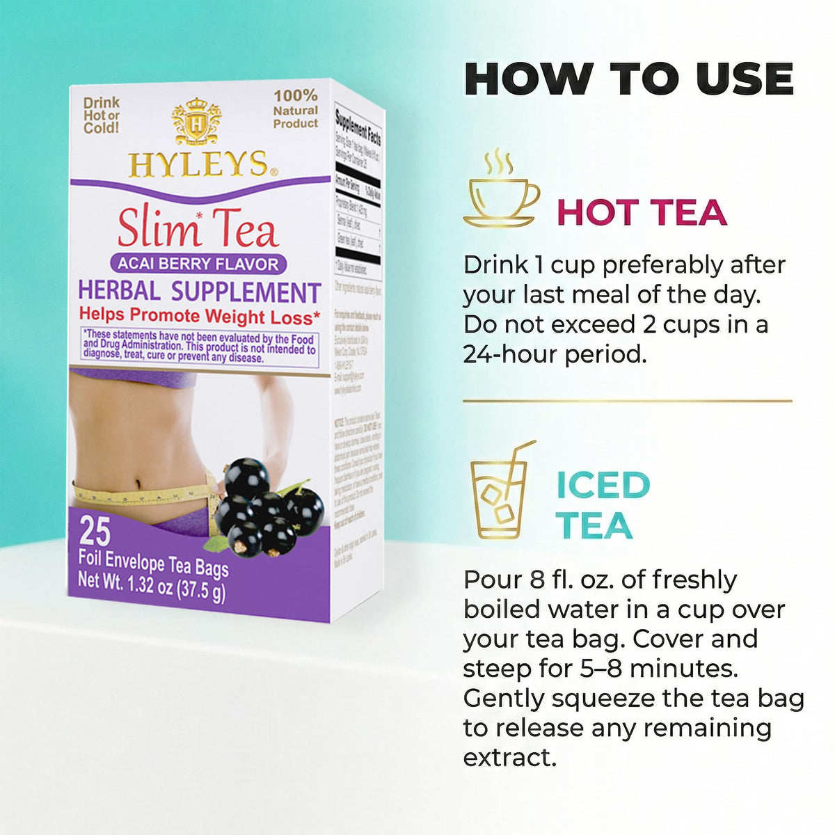Hyleys Slim Tea Acai Berry green tea leaves highlight natural metabolism support.