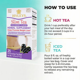 Hyleys Slim Tea Acai Berry green tea leaves highlight natural metabolism support.