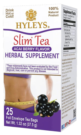 Hyleys Slim Tea Acai Berry packaging highlights convenient, detox-friendly daily use.