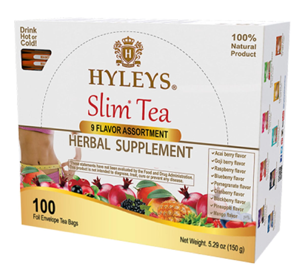 HYLEYS Slim Tea assortment box front for a varied nighttime ritual.