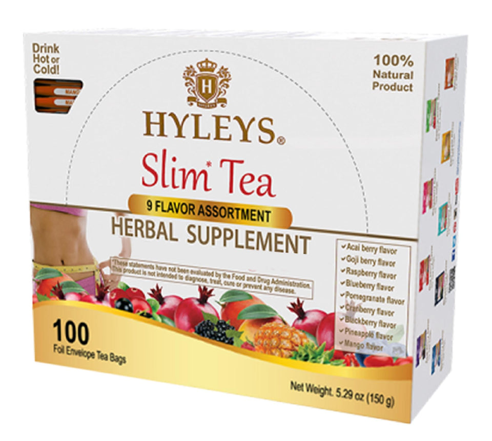 HYLEYS Slim Tea assortment box front for a varied nighttime ritual.