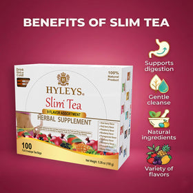 HYLEYS Slim Tea variety teabags inside showcasing the mix.