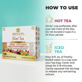 HYLEYS Slim Tea foil-teabag packaging emphasizing freshness and convenience.