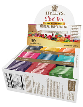 HYLEYS Slim Tea green tea and senna blend close-up highlighting natural ingredients.