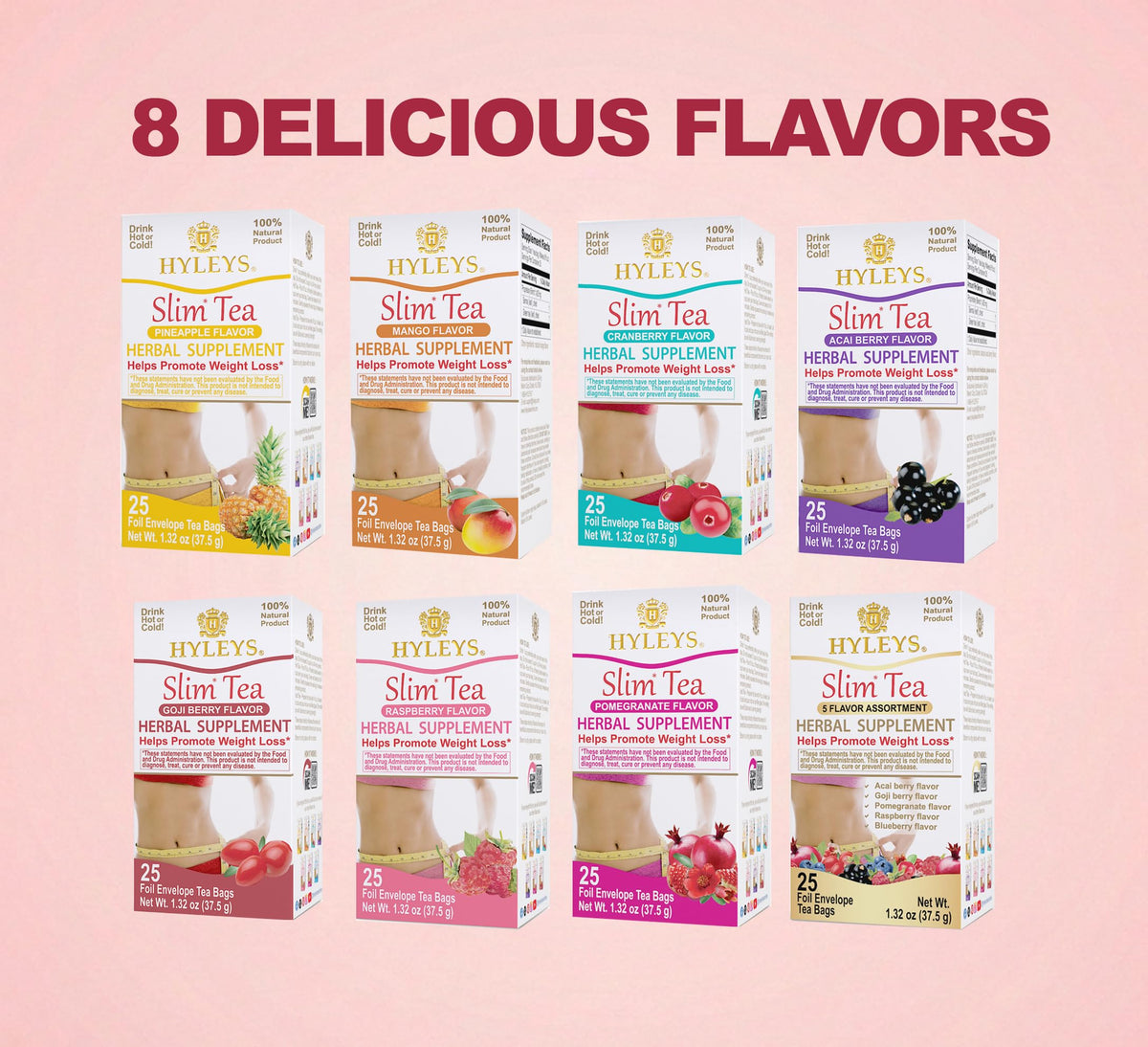 HYLEYS Slim Tea label and ingredients highlight natural blend.