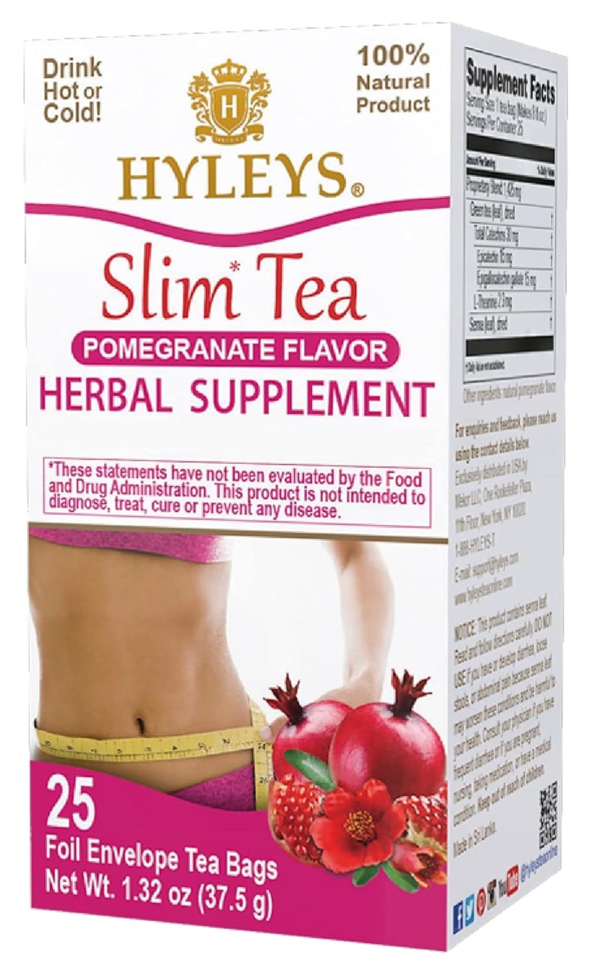 Hyleys Slim Tea Pomegranate flavor box front shows packaging for easy nightly detox.