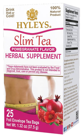 Hyleys Slim Tea Pomegranate flavor box front shows packaging for easy nightly detox.