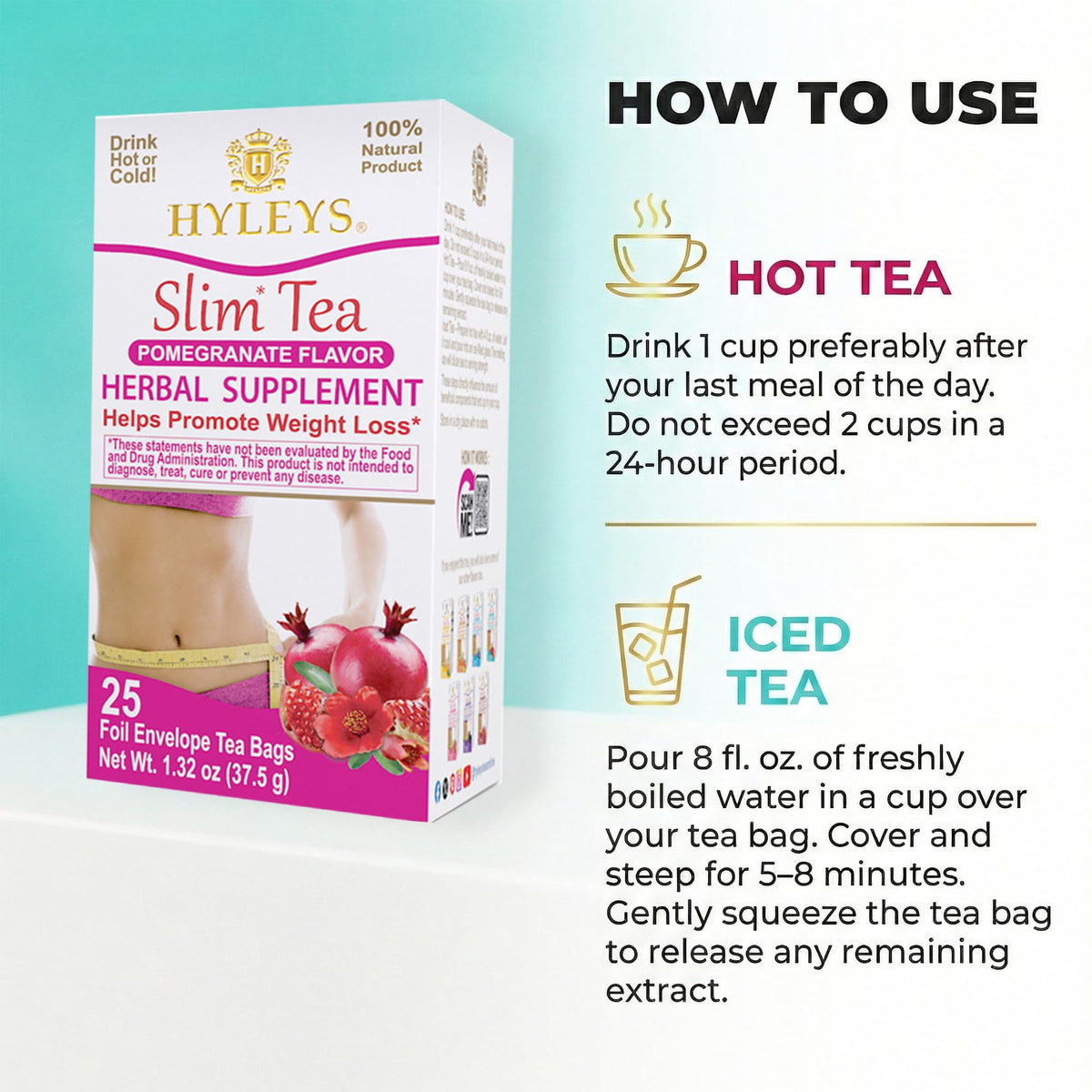Hyleys Slim Tea Pomegranate flavor cup steeped releasing fragrant aroma and soothing warmth.