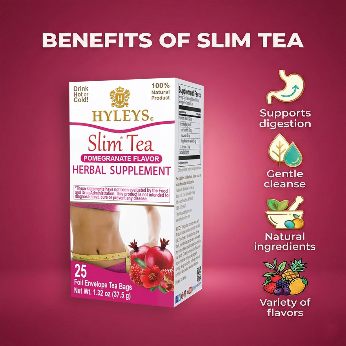 Hyleys Slim Tea box packaging closeup highlights natural ingredients and premium quality.