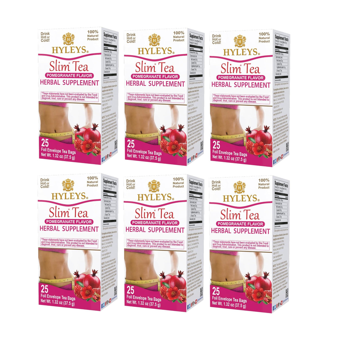 Hyleys Slim Tea Pomegranate flavor tea bags foil pack emphasizes freshness and convenient nightly routine.