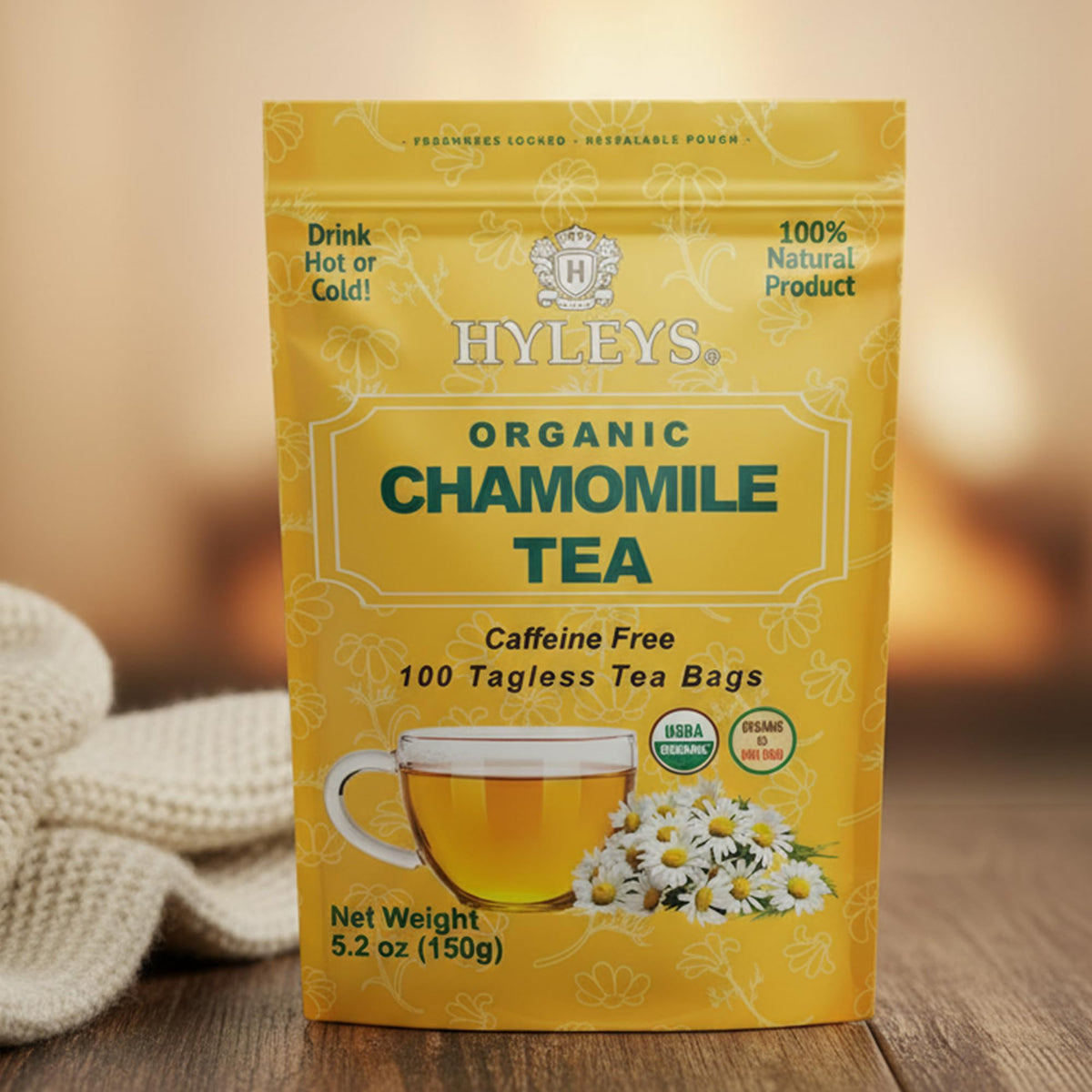 HYLEYS Organic Chamomile packaging highlights USDA Organic certification.