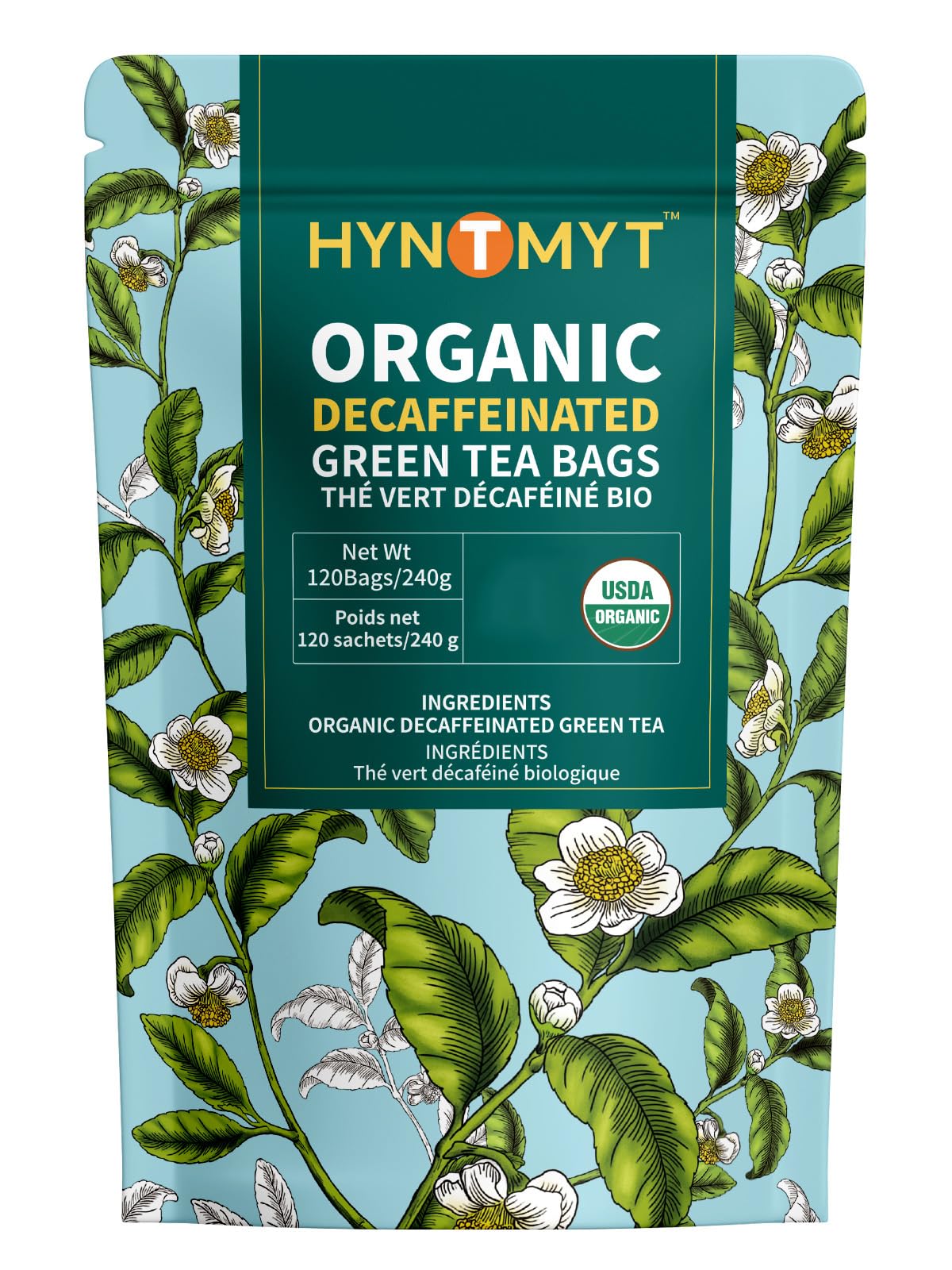 HYNTMYT decaf green tea bags packaging preserves freshness and aroma.