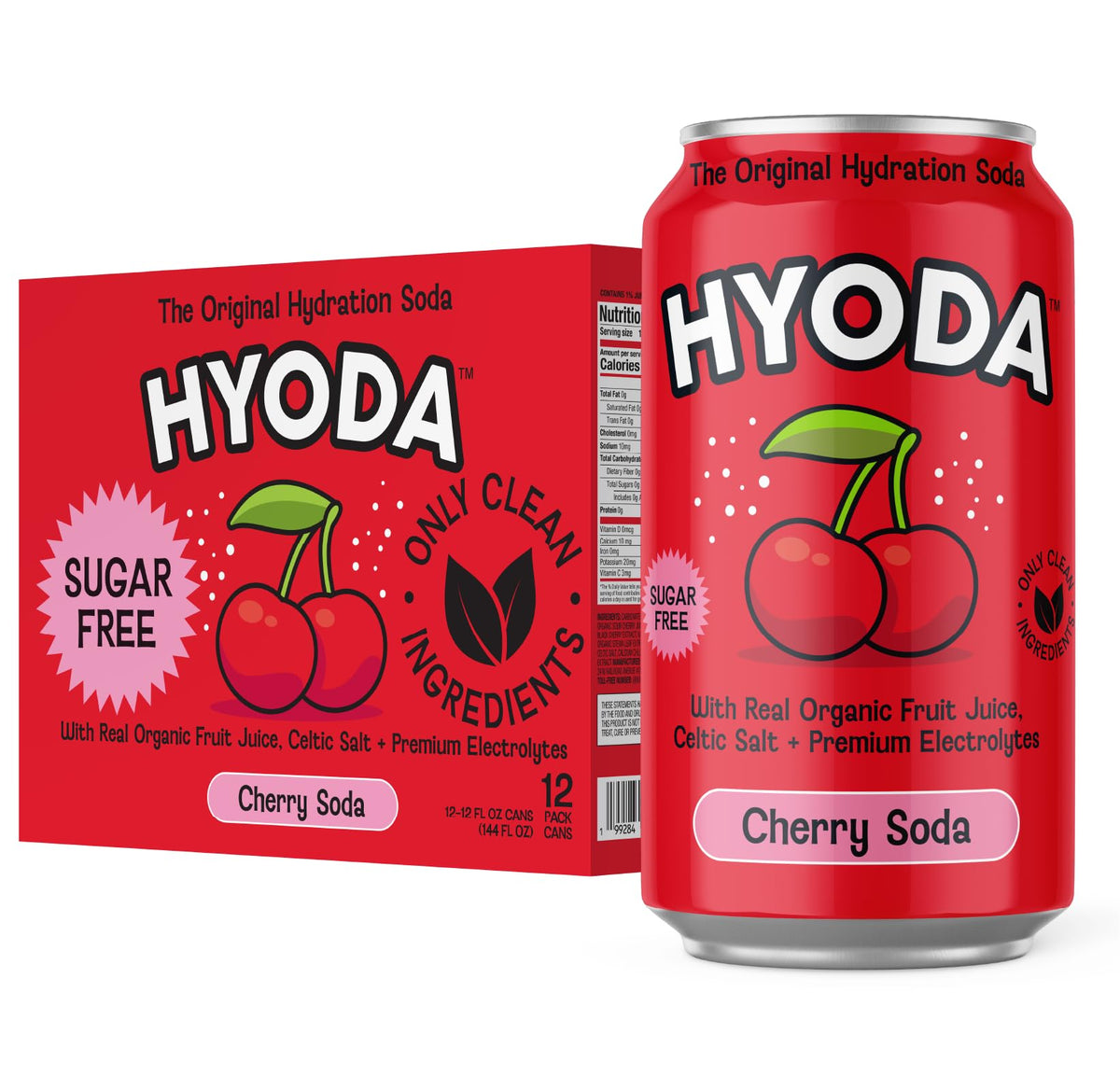 HYODA Cherry Soda can front view showing real cherry flavor and zero sugar option.