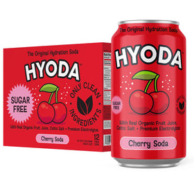 HYODA Cherry Soda can front view showing real cherry flavor and zero sugar option.