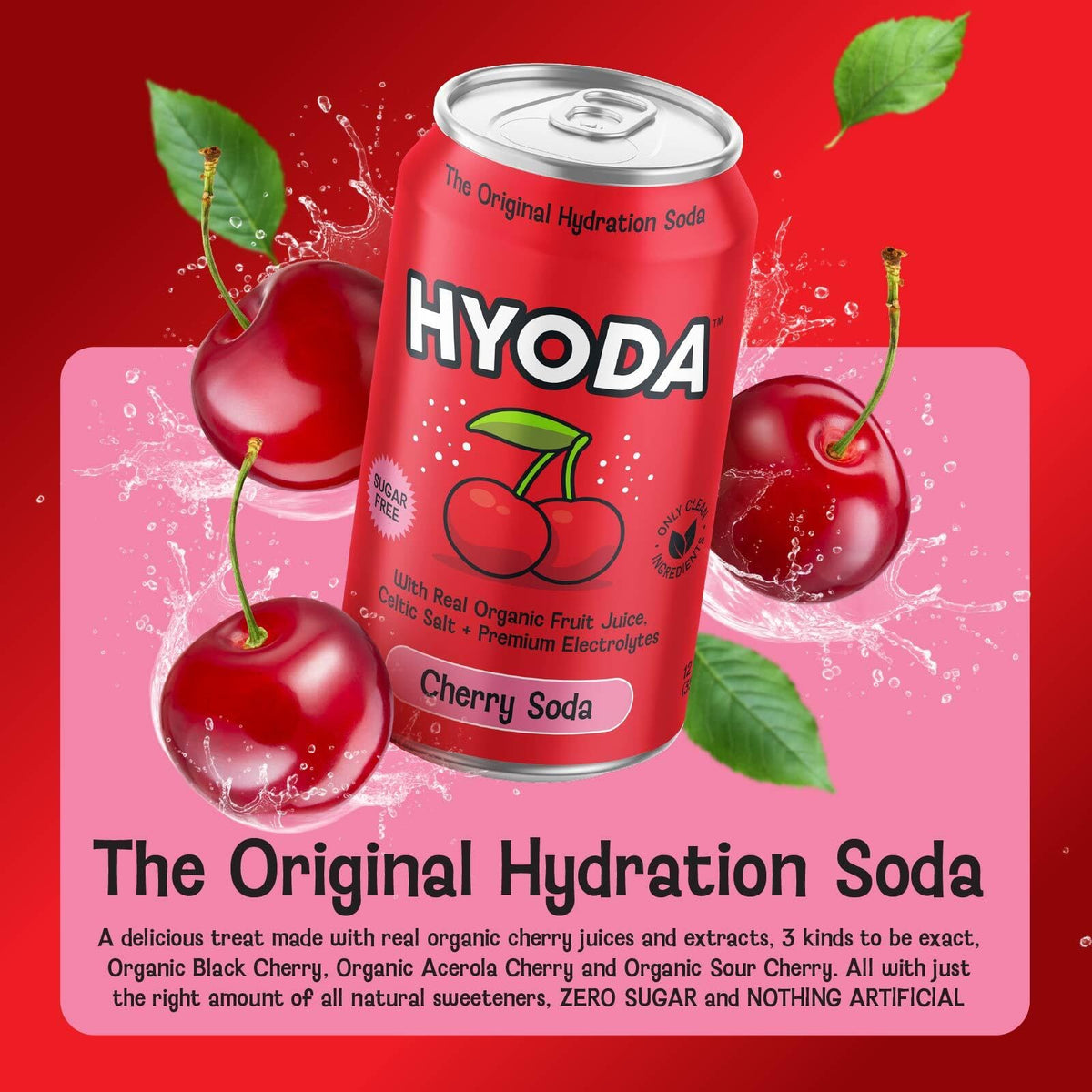 HYODA Cherry Soda can side view highlighting portable on-the-go packaging.