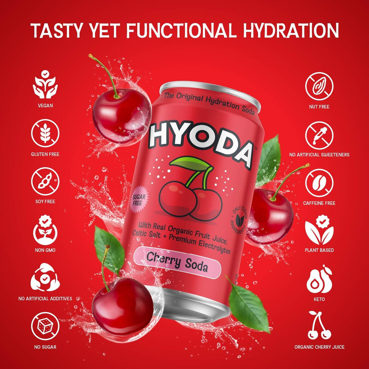 HYODA Cherry Soda ingredients featuring organic cherry juice and minerals.