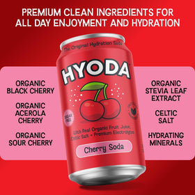 HYODA Cherry Soda 12-pack in a convenient bundle for storage and travel.
