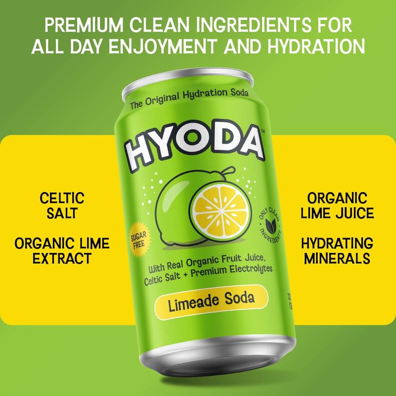 HYODA Limeade Soda being poured into a glass to showcase real lime juice.
