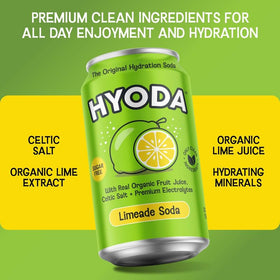 HYODA Limeade Soda being poured into a glass to showcase real lime juice.