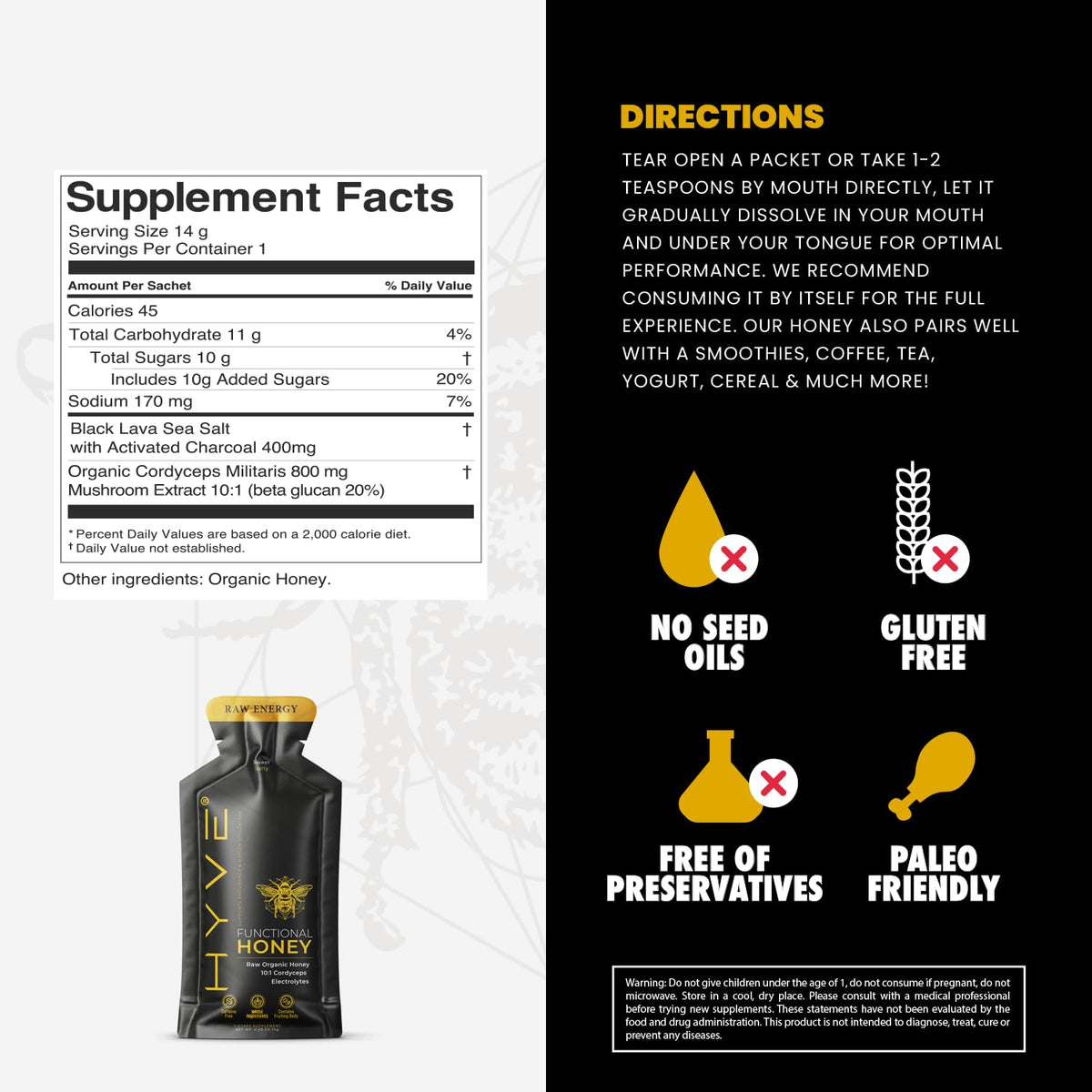 HYVE black lava sea salt adds mineral-balanced flavor in each sachet.