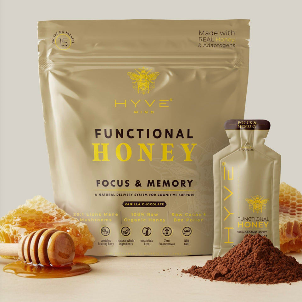 HYVE Mind Functional Honey with Lion's Mane in a jar supports focus