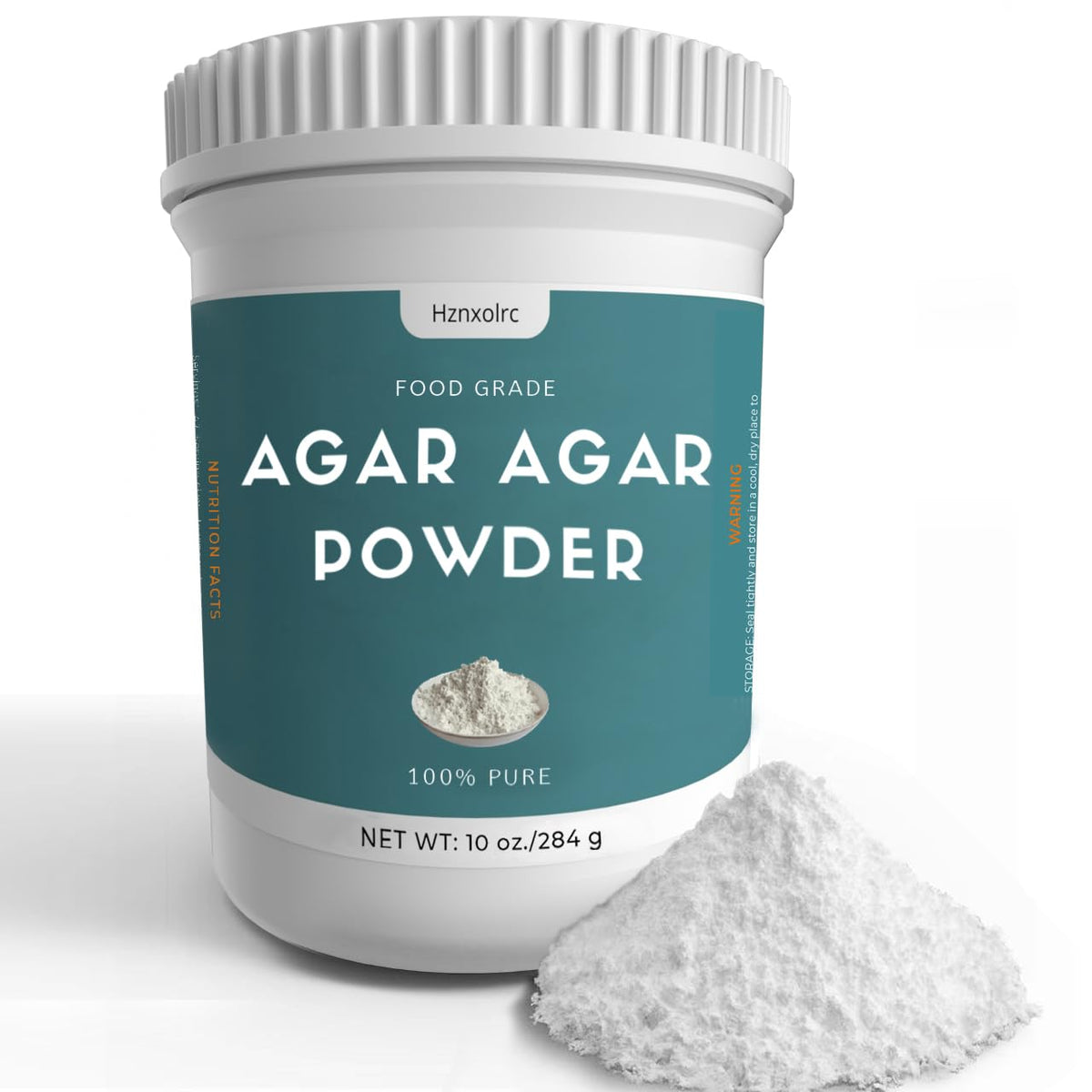 Hznxolrc agar-agar powder packaging shows pure vegan ingredient for safe food use.