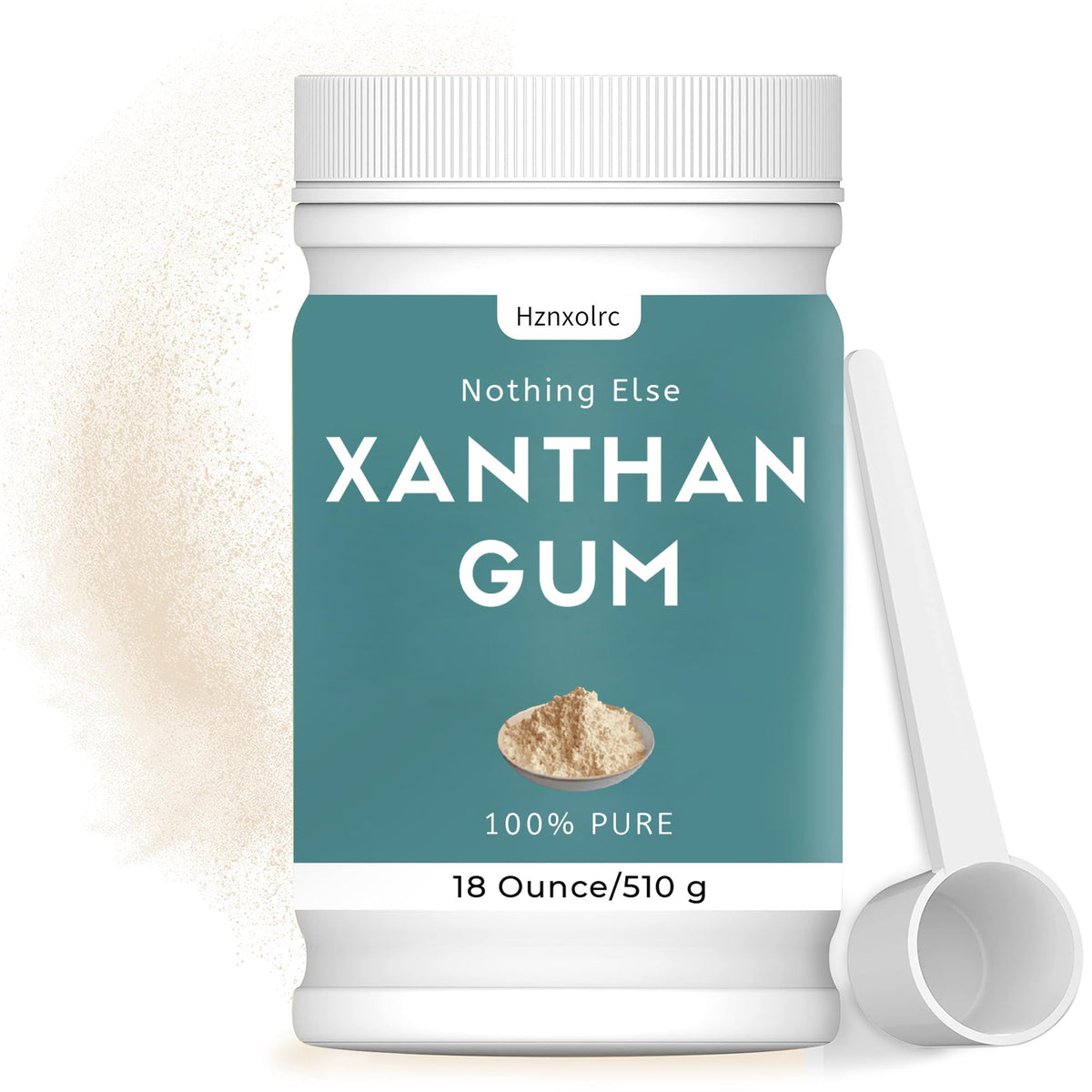Hznxolrc xanthan gum powder packaging highlighting purity and suitability for baking.