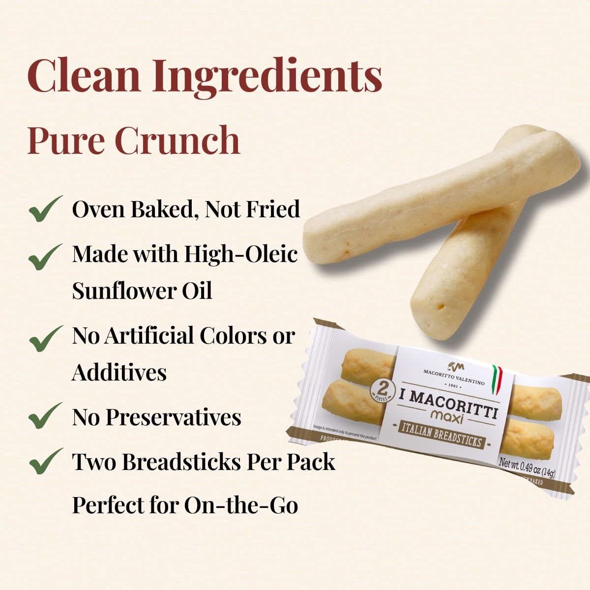 I Macoritti Maxi Breadsticks made with non-GMO ingredients for a simple snack.