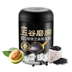 I WUGU sugar-free walnut black soybean sesame powder bottle poured for a quick low-sugar meal
