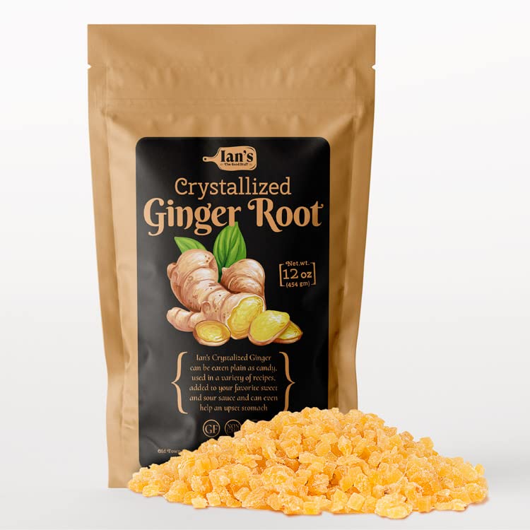 IAN's crystallized ginger pieces in a bag, ready for snacking and versatile recipes