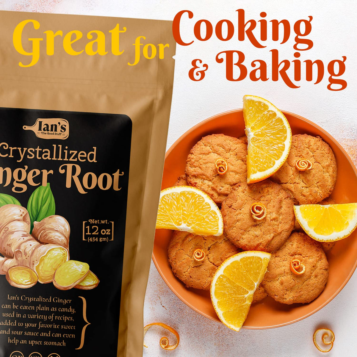 IAN's crystallized ginger pieces beside cookies, flavor boost for sweet and savory recipes