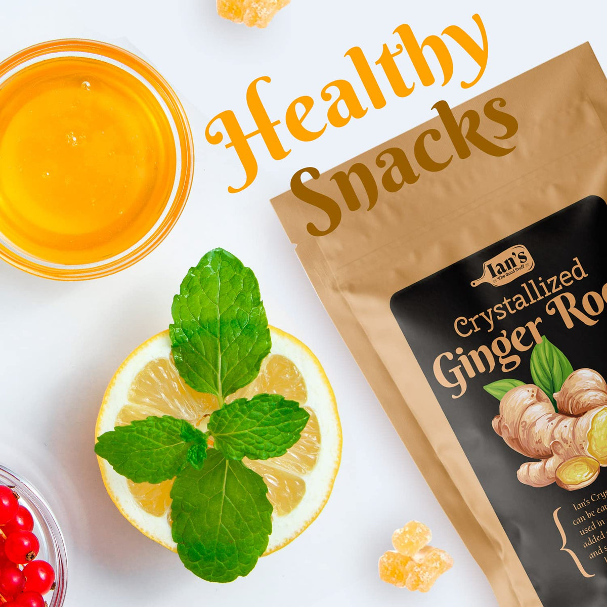 IAN's crystallized ginger pieces tea pairing, warms beverages with spicy-sweet notes