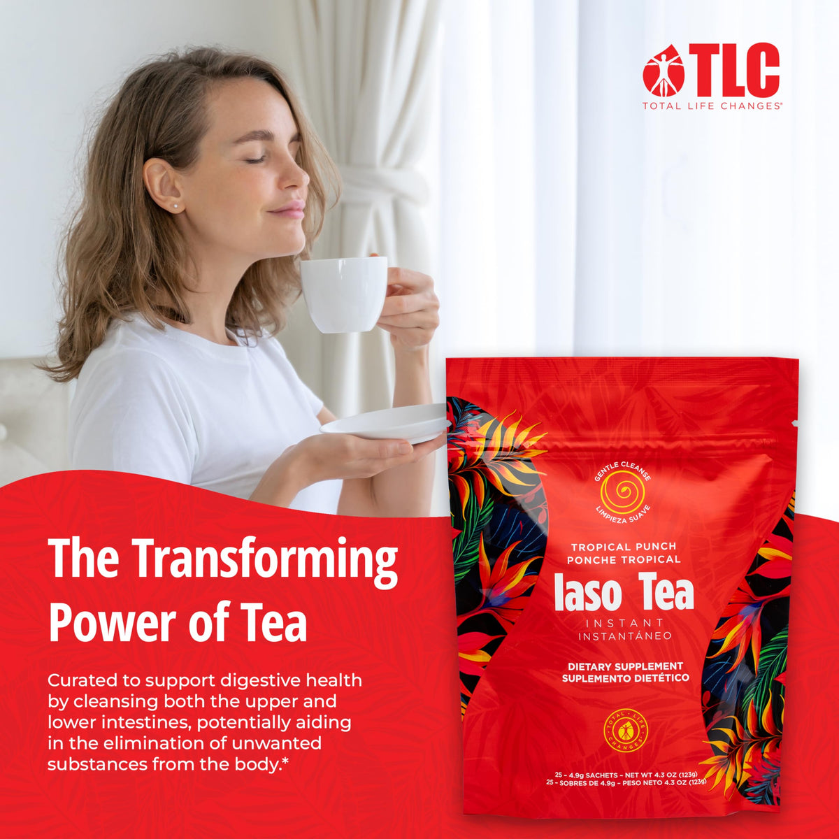 IASO Instant Tea Tropical Punch close-up of herbal blend with Senna and Chamomile.